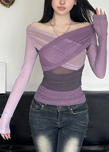 Asymmetrical Shirts Tulle T Patchwork Fit Slim Purple Spring