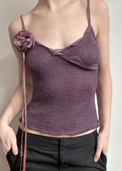 Slim Floral Purple Knitting Vest Cotton Spaghetti Lace Strap Fit