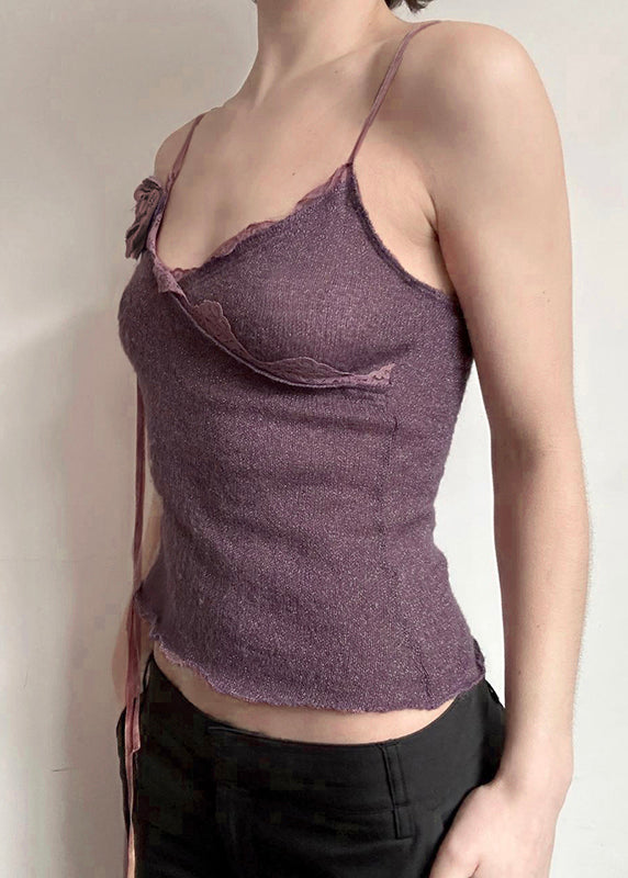 Slim Floral Purple Knitting Vest Cotton Spaghetti Lace Strap Fit