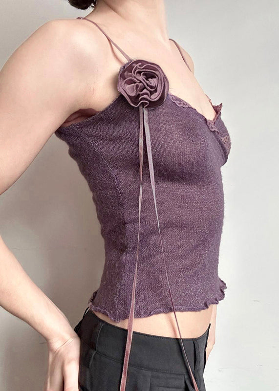 Slim Floral Purple Knitting Vest Cotton Spaghetti Lace Strap Fit