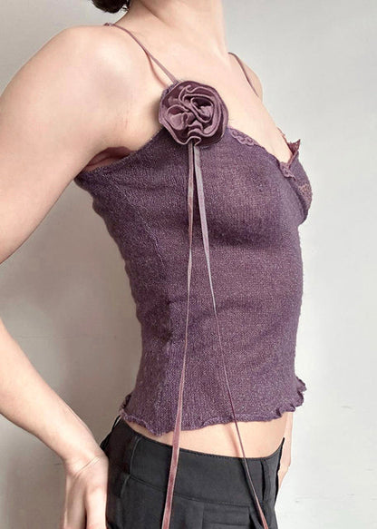 Slim Floral Purple Knitting Vest Cotton Spaghetti Lace Strap Fit
