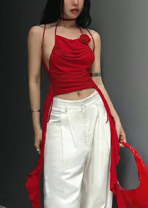 Slim Fit Red Asymmetrical Wrinkled Cotton Tank Sleeveless YZ066