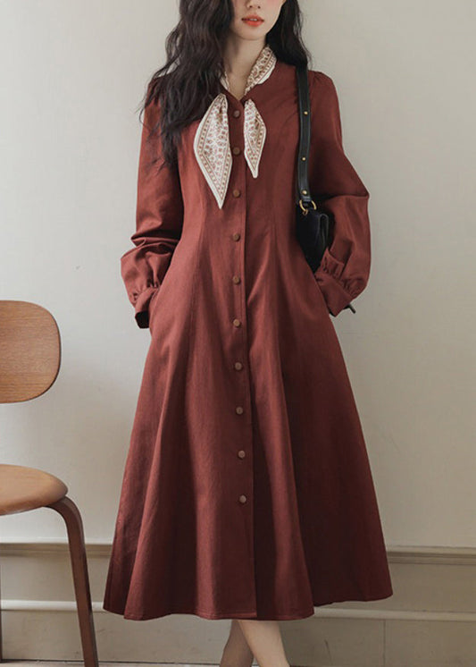 Red Slim Maxi Button Pockets Dress Spring Fit Bow