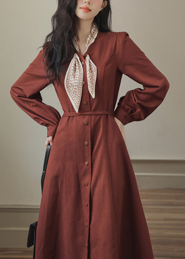 Red Slim Maxi Button Pockets Dress Spring Fit Bow