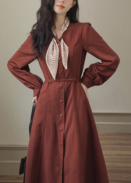 Red Slim Maxi Button Pockets Dress Spring Fit Bow