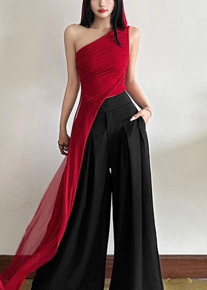 Fit Slim Asymmetrical Shoulder One Shirt Red Sleeveless Tulle