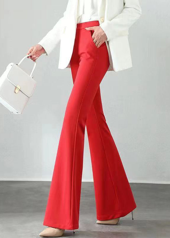 Flare Red Pockets Cotton Bottoms Fall Elastic Slim Waist Fit