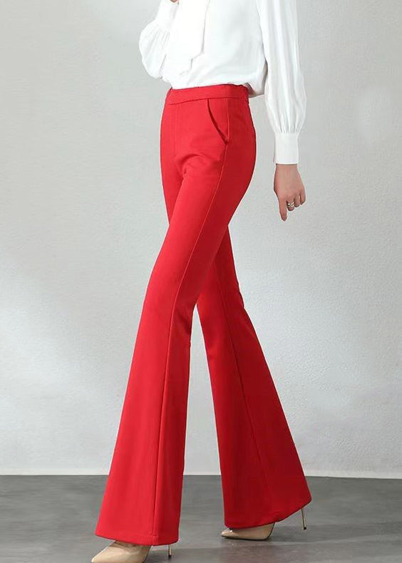Flare Red Pockets Cotton Bottoms Fall Elastic Slim Waist Fit