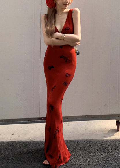 Sleeveless Dresses Print Lace Up V Red Neck Slim Fit Cotton Maxi