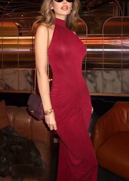 Red Sleeveless Slim Cotton Open Fit Side Dress Wrinkled Long