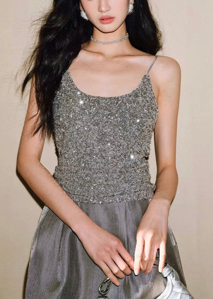 Slim Sleeveless Vest Silver Spaghetti Backless Sequins Fit Strap