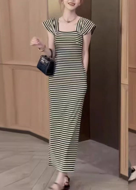 Fit Pockets Dresses Slim Long Square Summer Striped Collar Cotton