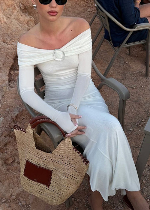 Open Cotton White Slim Fit Neck Long Side Slash Spring Dresses