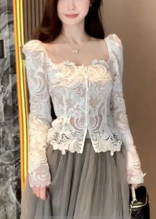 Lace Slim Out Fall Collar Fit Hollow Square White Shirt