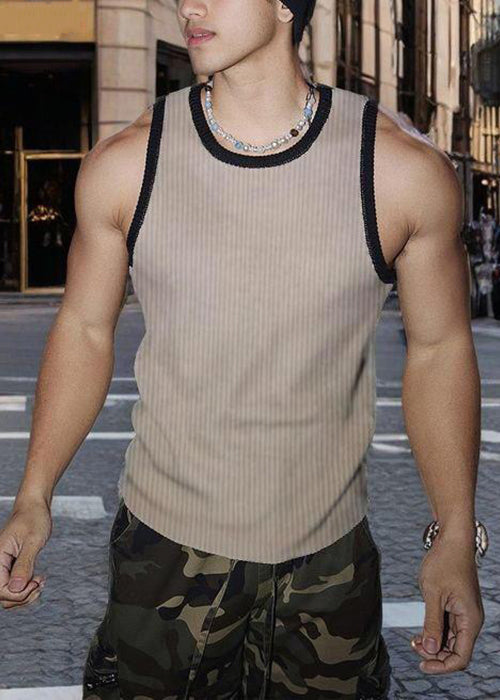 Sleeveless Fit Patchwork Striped White Cotton Tank Slim Men Solid