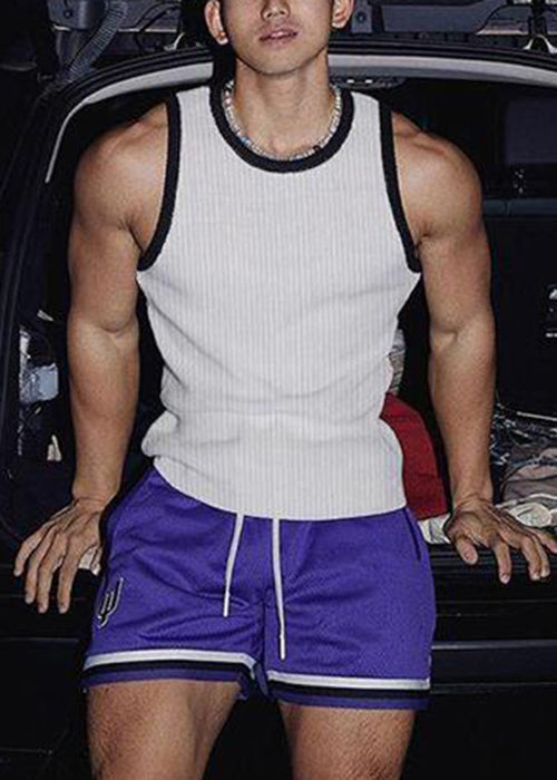 Sleeveless Fit Patchwork Striped White Cotton Tank Slim Men Solid