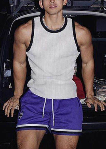 Sleeveless Fit Patchwork Striped White Cotton Tank Slim Men Solid