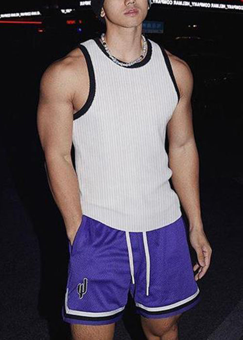 Sleeveless Fit Patchwork Striped White Cotton Tank Slim Men Solid