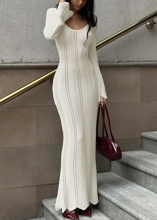 White Dress Spring V Knit Neck Hollow Slim Out Long Fit