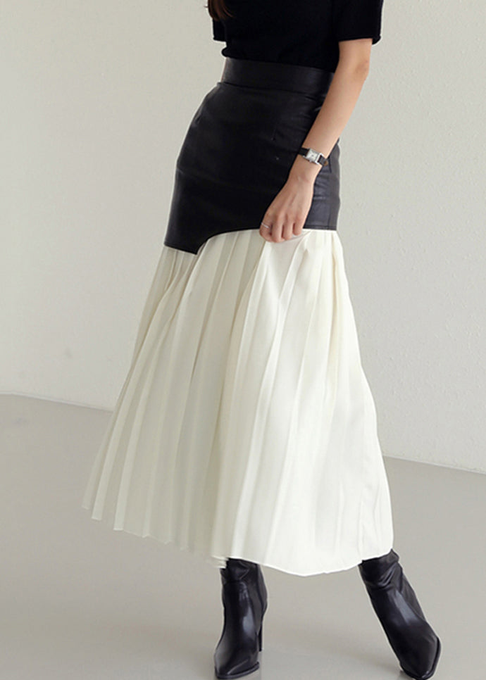 Wrinkled Faux Leather High Patchwork Waist Fit Skirt White Slim