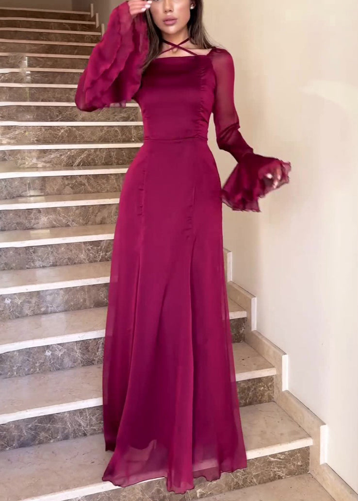 Slim Fit Wine Red Square Collar Solid Chiffon Dress Flare Sleeve QL015