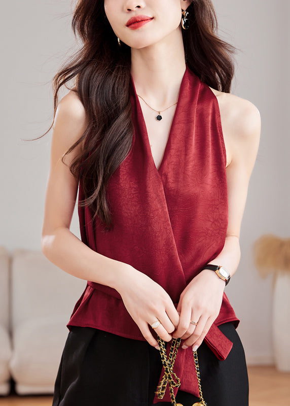 Fit Slim Tank Sleeveless Silk Red Wine Tie Waist V Neck