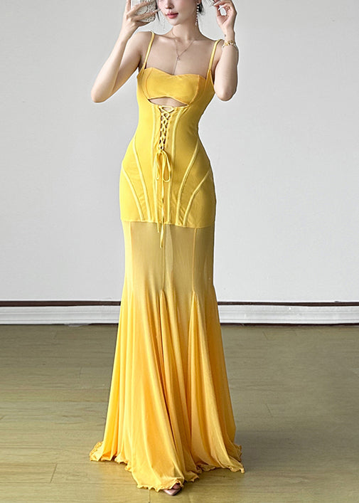 Tulle Lace Up Slim Yellow High Dress Fit Spaghetti Strap Waist