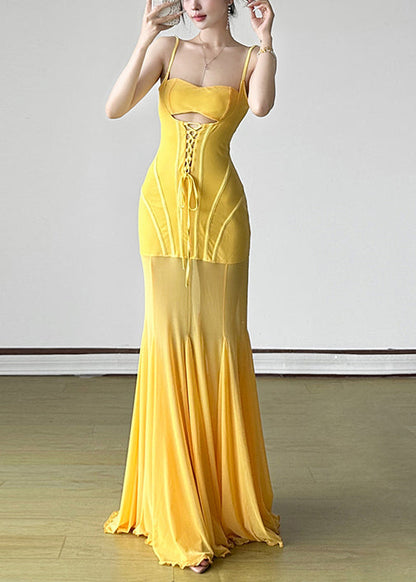 Tulle Lace Up Slim Yellow High Dress Fit Spaghetti Strap Waist