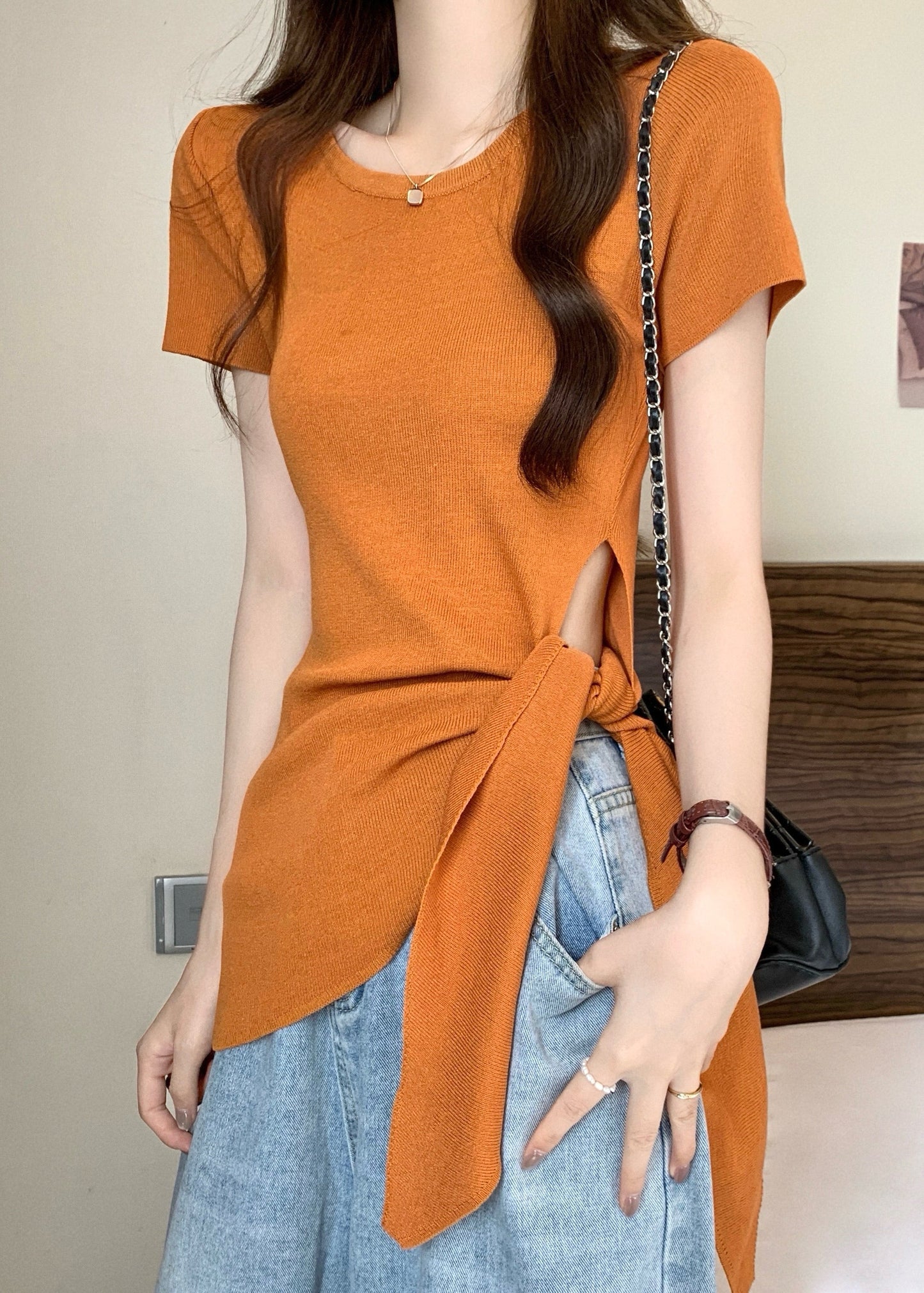 Slim Fit Summer Hollow Bow Asymmetrical Top O-Neck Out Yellow