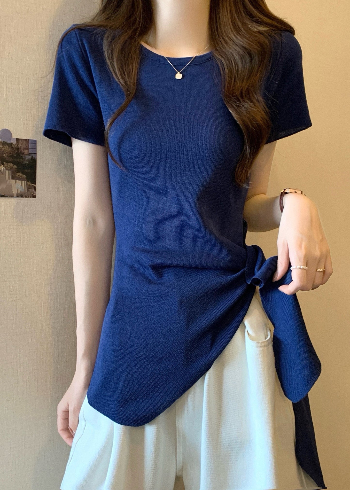 Slim Fit Summer Hollow Bow Asymmetrical Top O-Neck Out Yellow