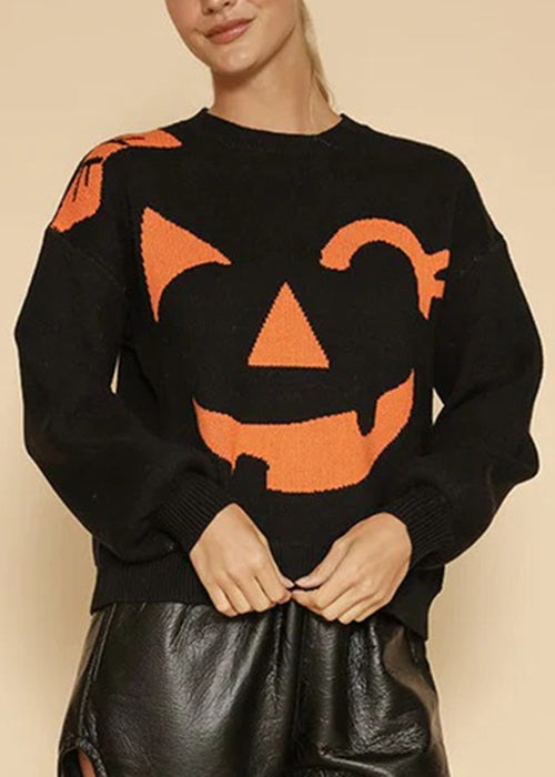 Smiling Face Patchwork Knit Top O Neck Long Sleeve AE1030