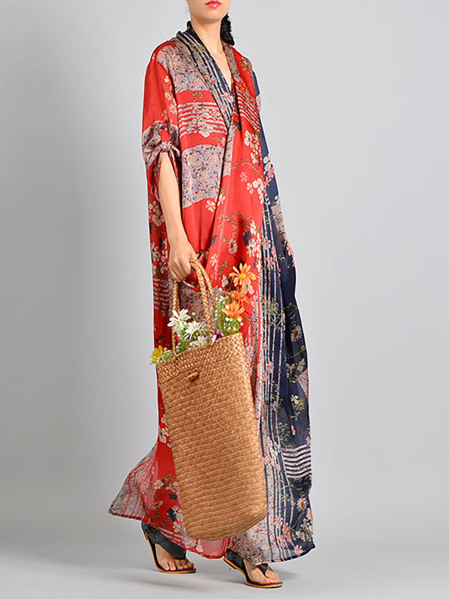 Plus Size Spliced Floral Print Vintage Tencel Women Dress RR1031