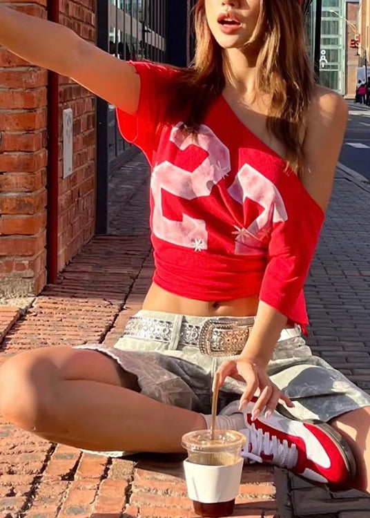 Print T Shoulder Cotton Shirt Streetwear Cold Summer Red