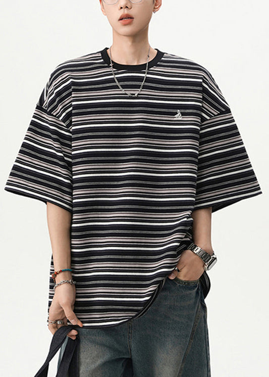 Cotton T Black Shirts Mens O Striped Cozy Summer Neck