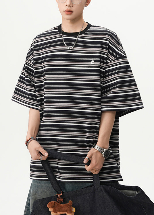 Cotton T Black Shirts Mens O Striped Cozy Summer Neck