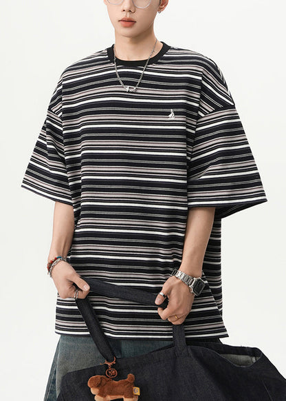 Cotton T Black Shirts Mens O Striped Cozy Summer Neck