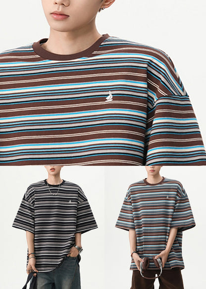 Cotton T Black Shirts Mens O Striped Cozy Summer Neck