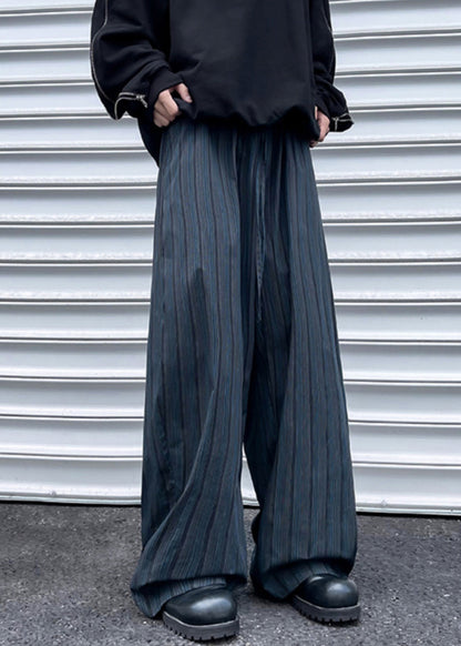 Wide Striped Leg Pockets Cotton Pants Waist Elastic Mens Black