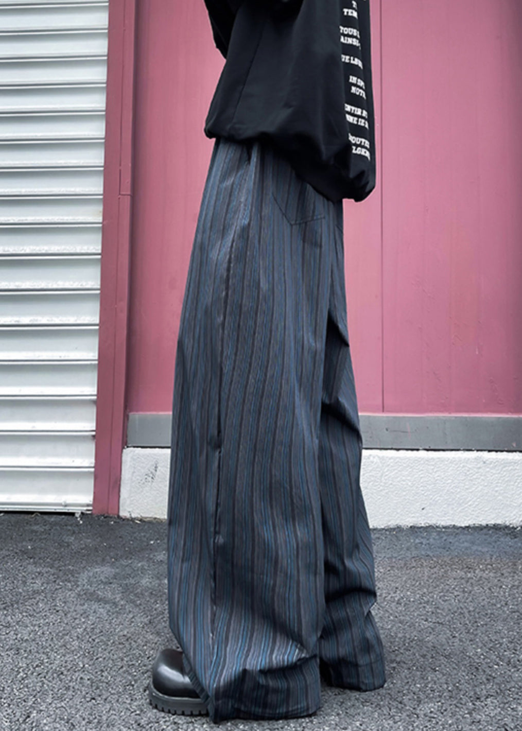 Wide Striped Leg Pockets Cotton Pants Waist Elastic Mens Black