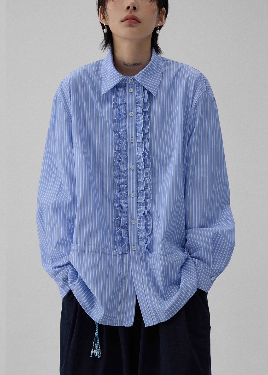 Striped Ruffled Blue Shirt Fall Collar Peter Pan Cotton