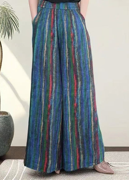 Striped Blue Elastic Waist Leg Pockets Wide Pants Cotton Fall