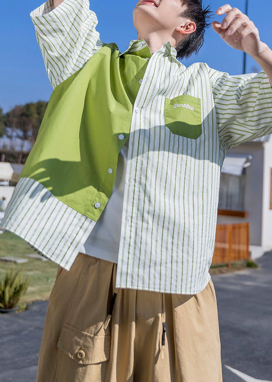 Letter Green Shirts Mens Patchwork Cotton Sleeve Striped Half