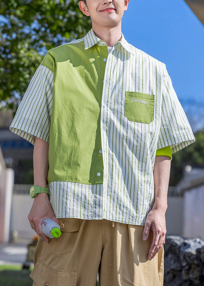 Letter Green Shirts Mens Patchwork Cotton Sleeve Striped Half