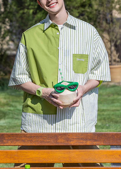 Letter Green Shirts Mens Patchwork Cotton Sleeve Striped Half