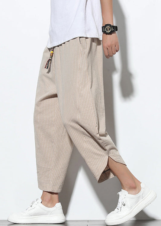 Up Khaki Pants Striped Lace Mens Cotton Crop Pockets Summer