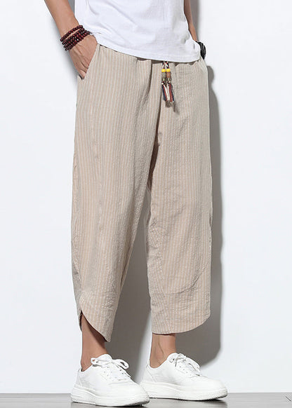 Up Khaki Pants Striped Lace Mens Cotton Crop Pockets Summer