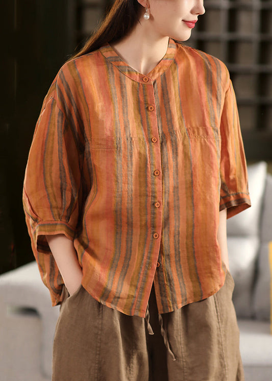 O-Neck Button Orange Striped Fall Linen Blouse