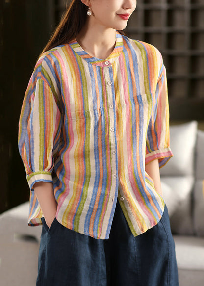 O-Neck Button Orange Striped Fall Linen Blouse