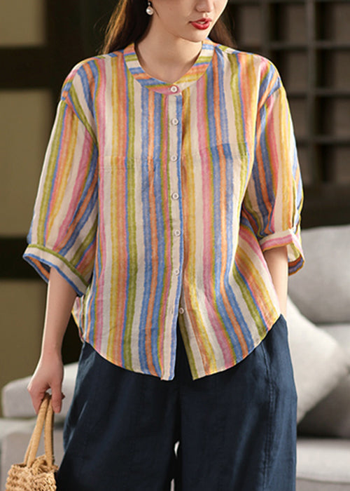 O-Neck Button Orange Striped Fall Linen Blouse