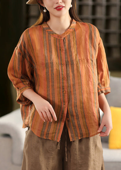 O-Neck Button Orange Striped Fall Linen Blouse